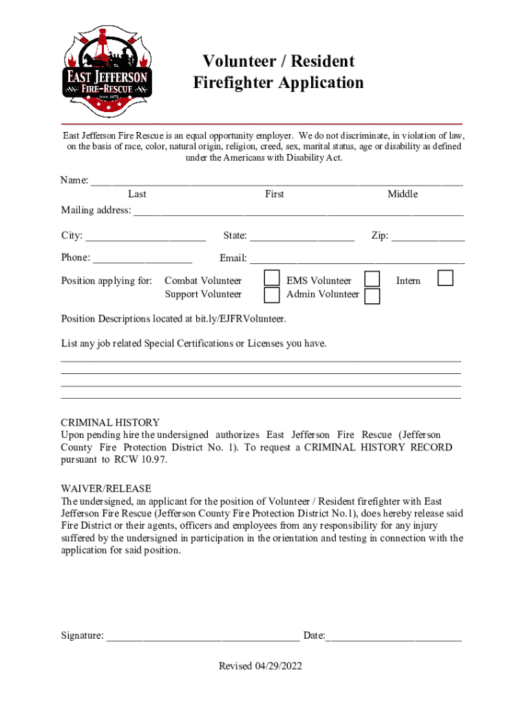 Volunteer Resident Firefighter Application East Jefferson Fire  Form