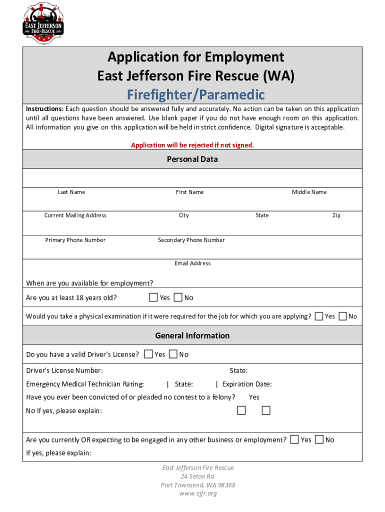Application for Employment East Jefferson Fire Rescue WA  Form