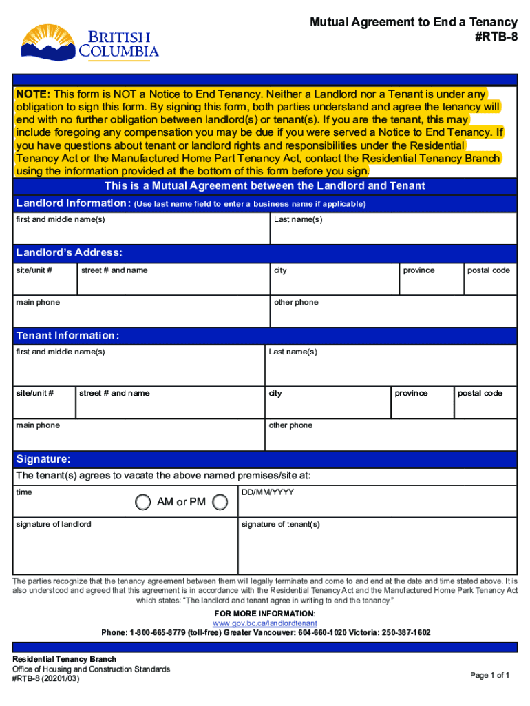 Mutual Agreement to End a Tenancy RTB 8 Indd  Form