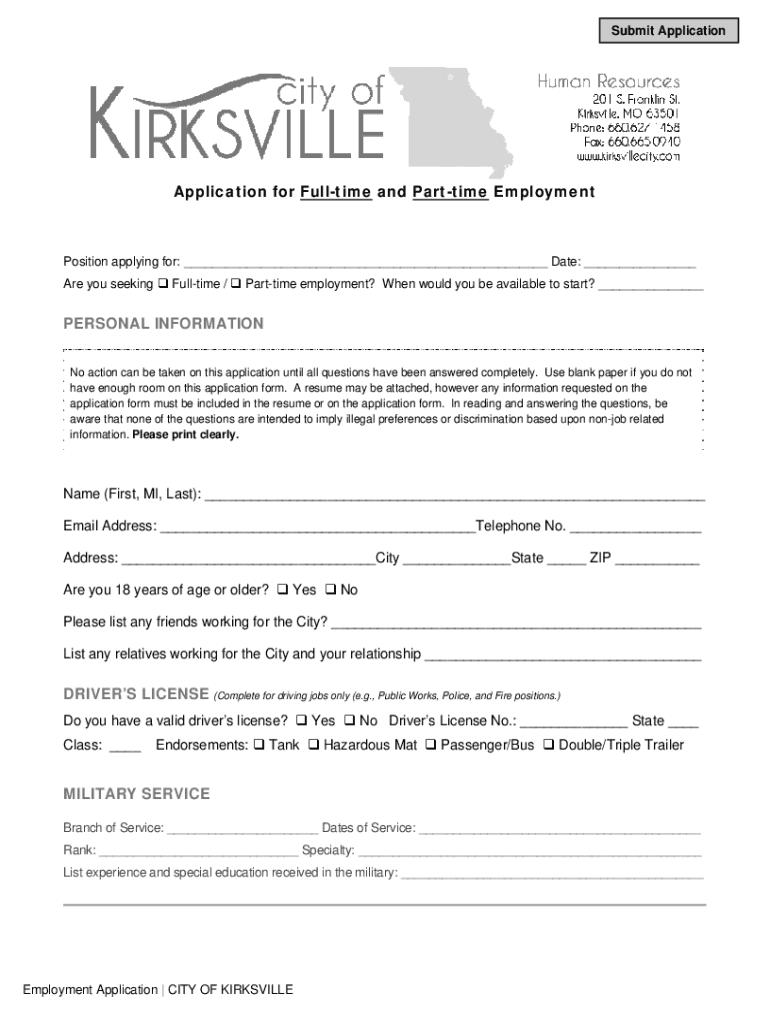 Application for Full Time and Part Time Employment City of Kirksville  Form