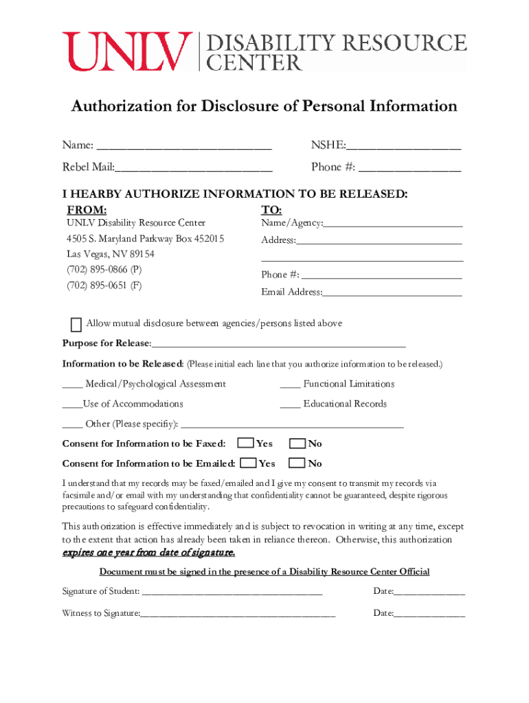 Www Unlv EduDRC ReleaseInformationForm 2019Authorization for Disclosure of Personal Information