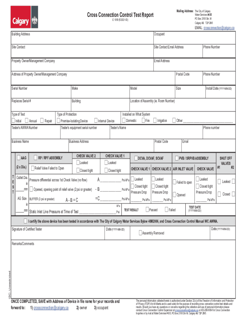 Mailing Address the City of Calgary Cross Connect  Form