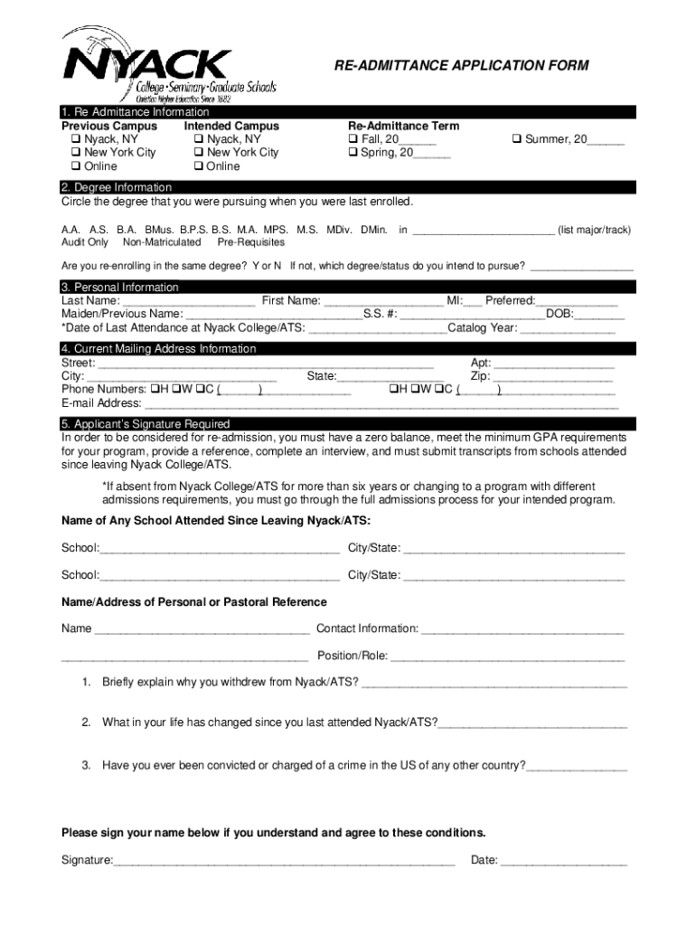 Www pdfFiller Com445705561 Re AdmittanceFillable Online Re Admittance Application Form Nyack