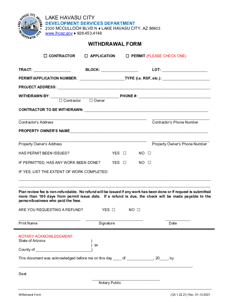 LAKE HAVASU CITY WITHDRAWAL FORM