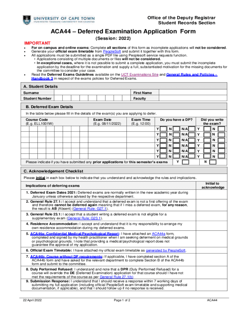 Forms Uct Ac Zastudentadminaca44ACA44 Deferred Examination Application Form