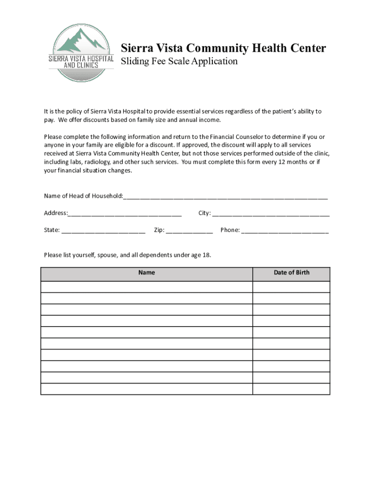 PDF Sierra Vista Community Health Center Sliding Fee Scale Application  Form