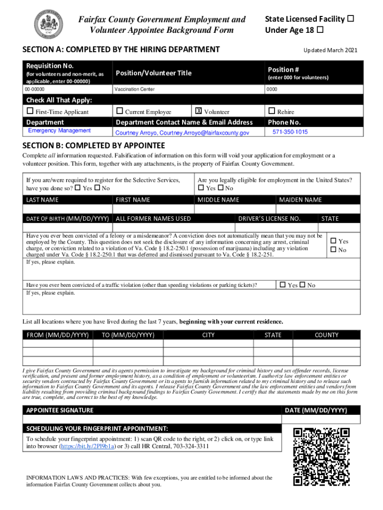 Fairfax County Government Employment and Volunteer Appointee  Form