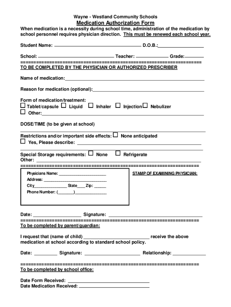 Wpanc NetauthorizationformedicationtobeWayne Preparatory Academy School Health Form AUTHORIZATION