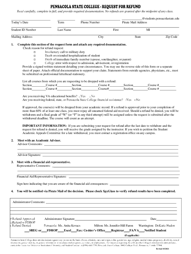 PDF PENSACOLA STATE COLLEGE Refund Request Form Update PDF
