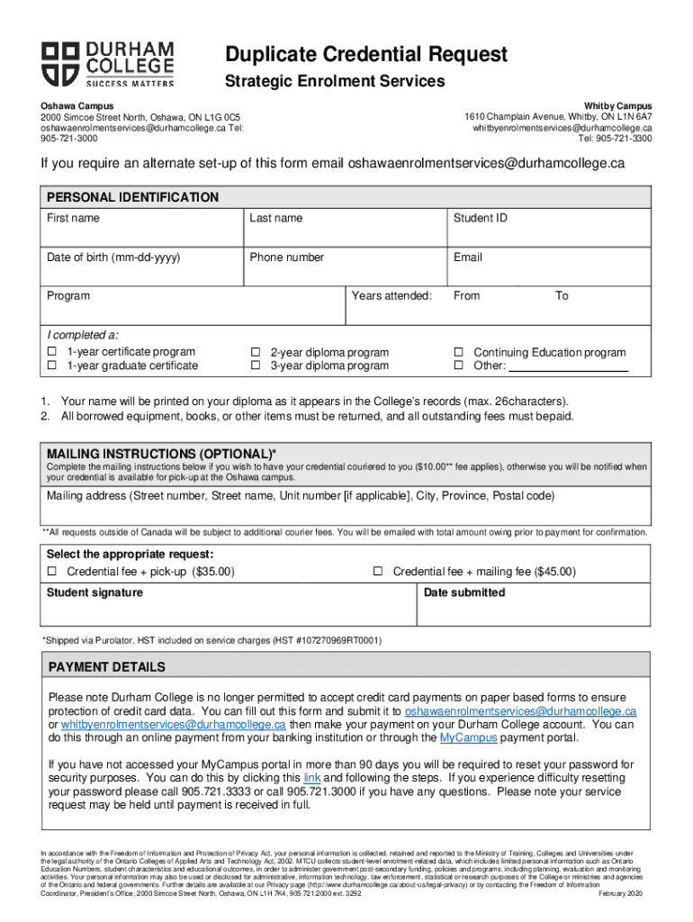 PDF Duplicate Credential Request Durham College  Form