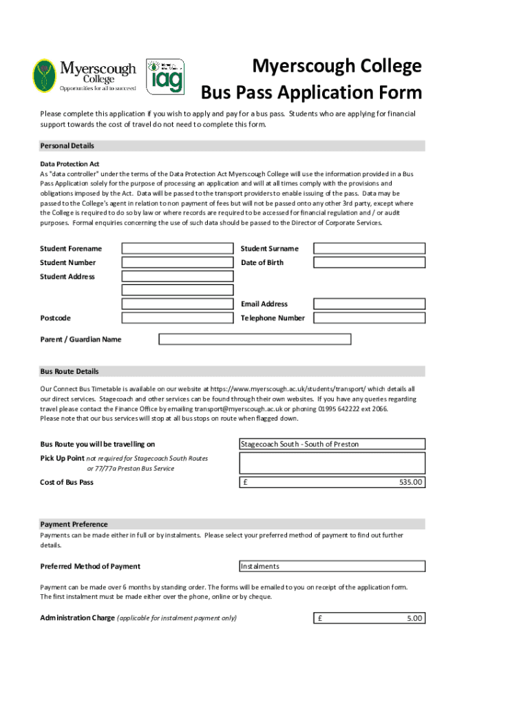 United Kingdom Bus Pass  Form