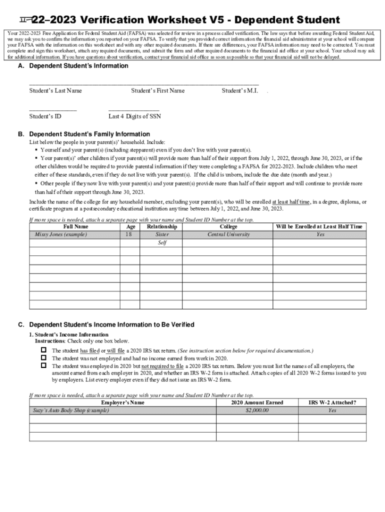 V5 Aggregate Financial Aid 23 Verification Worksheet for Dependent  Form