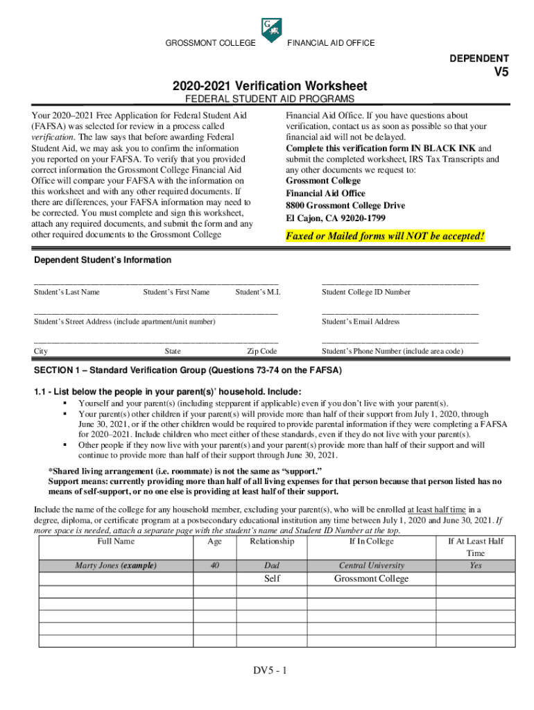 DEPENDENT Please Use Black Ink GROSSMONT COLLEGE FINANCIAL AID OFFICE  Form