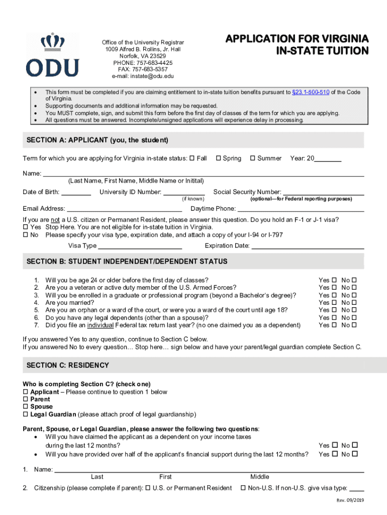 Application for in State Tuition Old Dominion University  Form