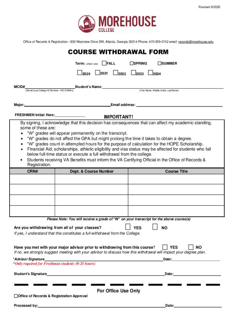 Course Withdrawal Form Morehouse College