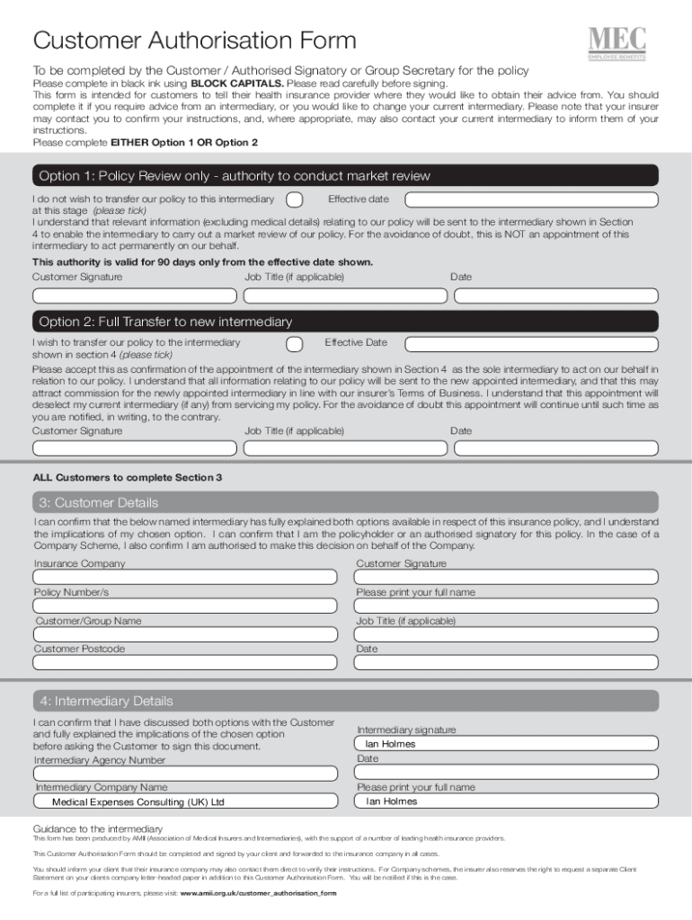 Get New Customer Authorisation Form Aviva Amii Org