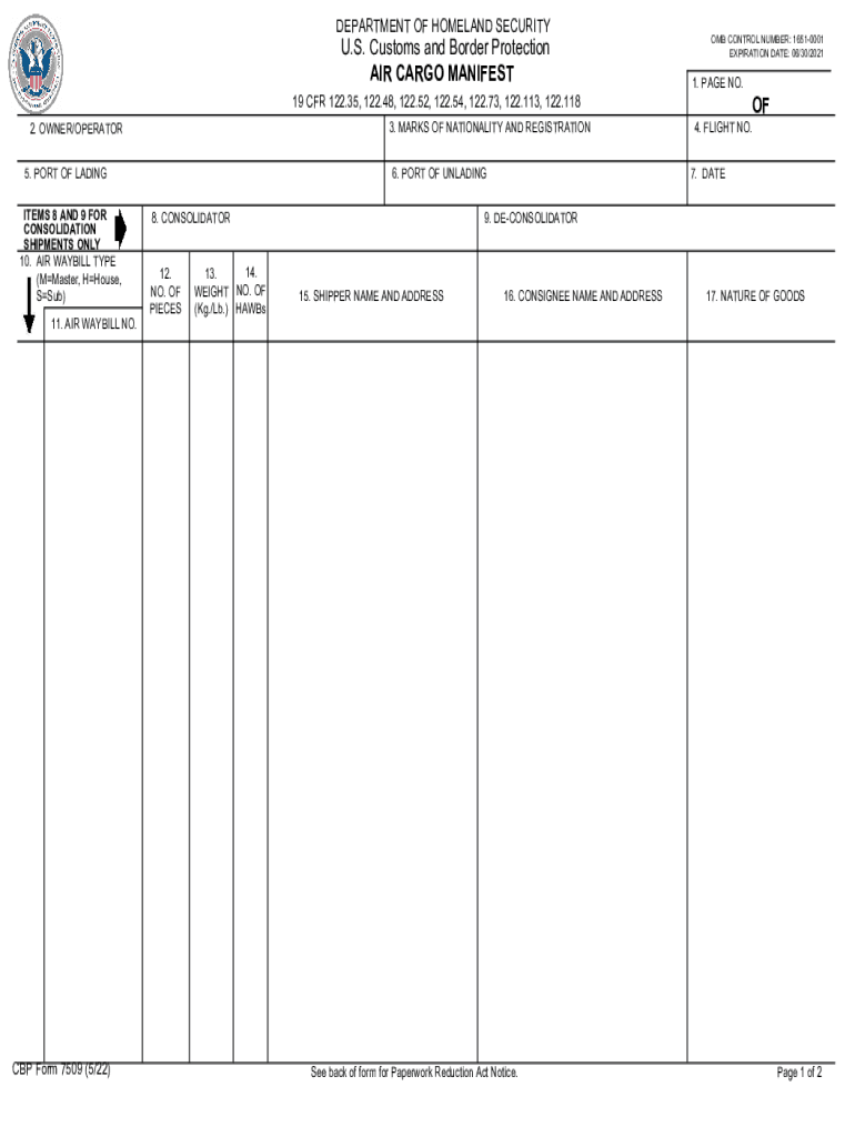 CBP Form 7509 AIR CARGO MANIFEST