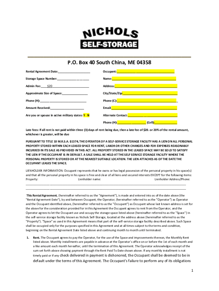 PO Box 40 South China, ME 04358 NICHOLS SELF STORAGE  Form