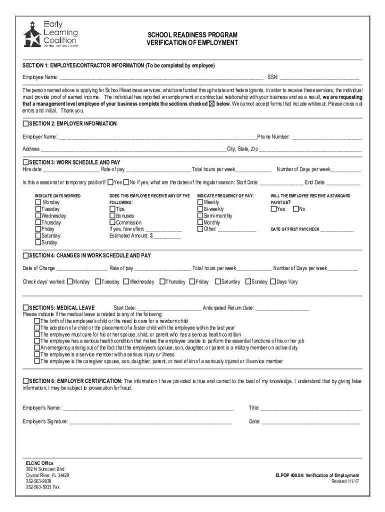  FL Early Learning Coalition of the Nature Coast Verification of Employment 2017-2024