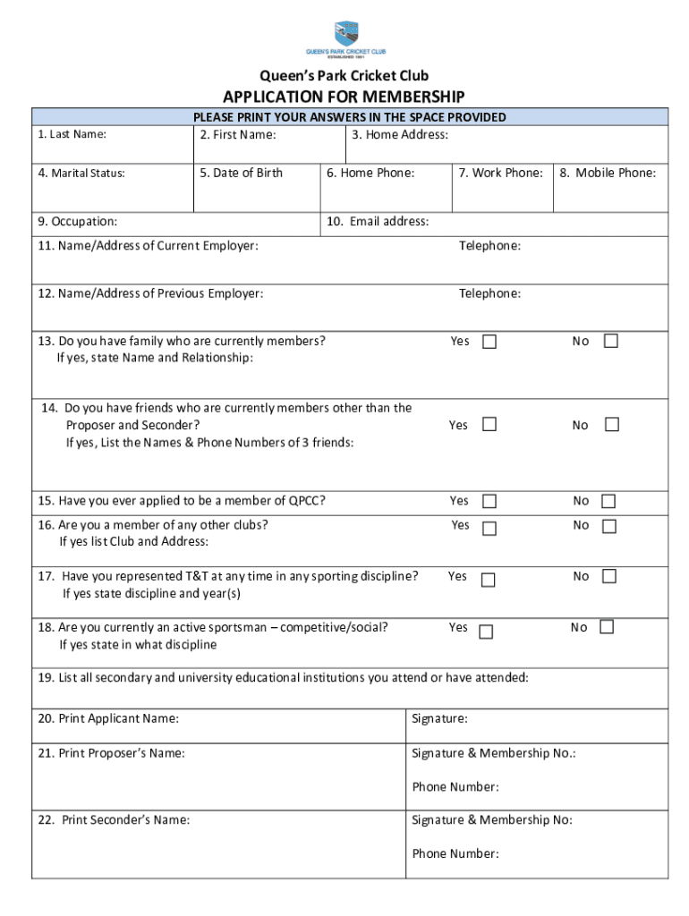 Queen S Park Cricket Club APPLICATION for MEMBERSH  Form