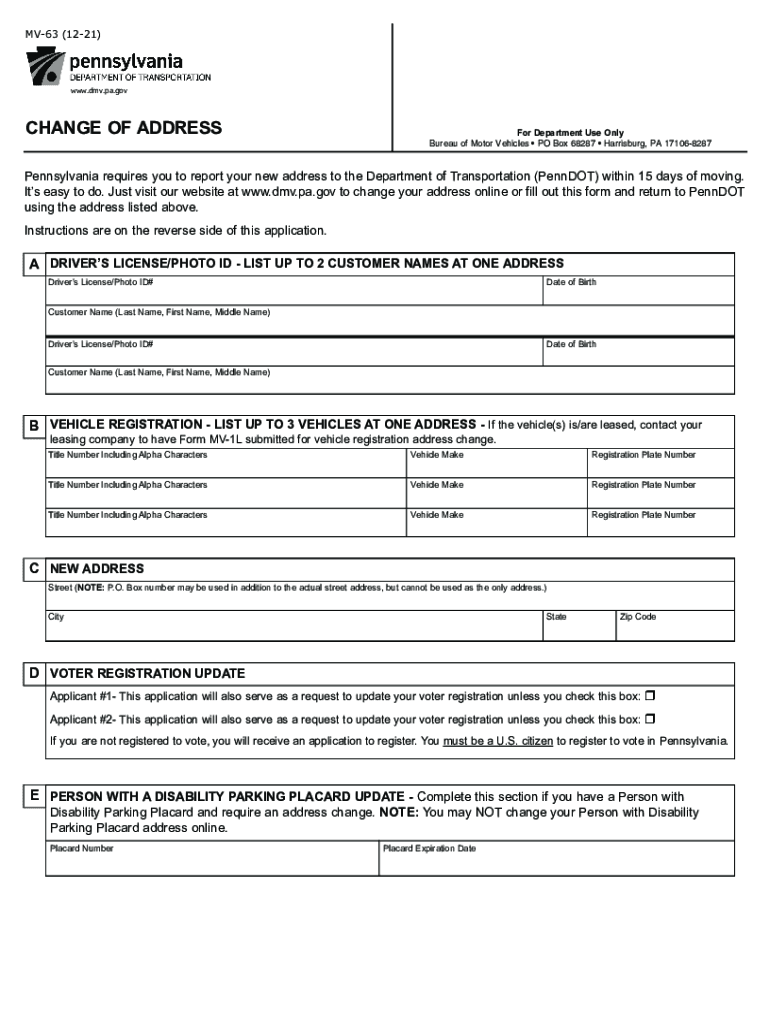  CHANGE of ADDRESS Pennsylvania Department of Transportation 2021-2024