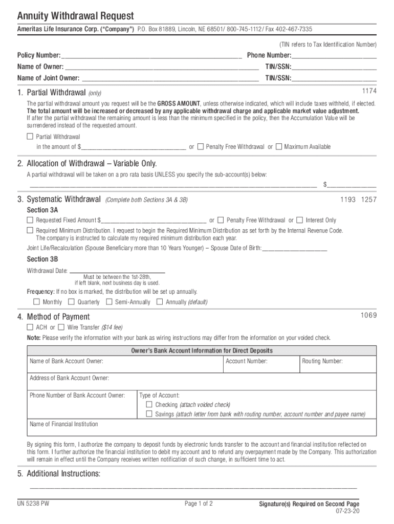  Life Annuity Withdrawal Request 2020-2024