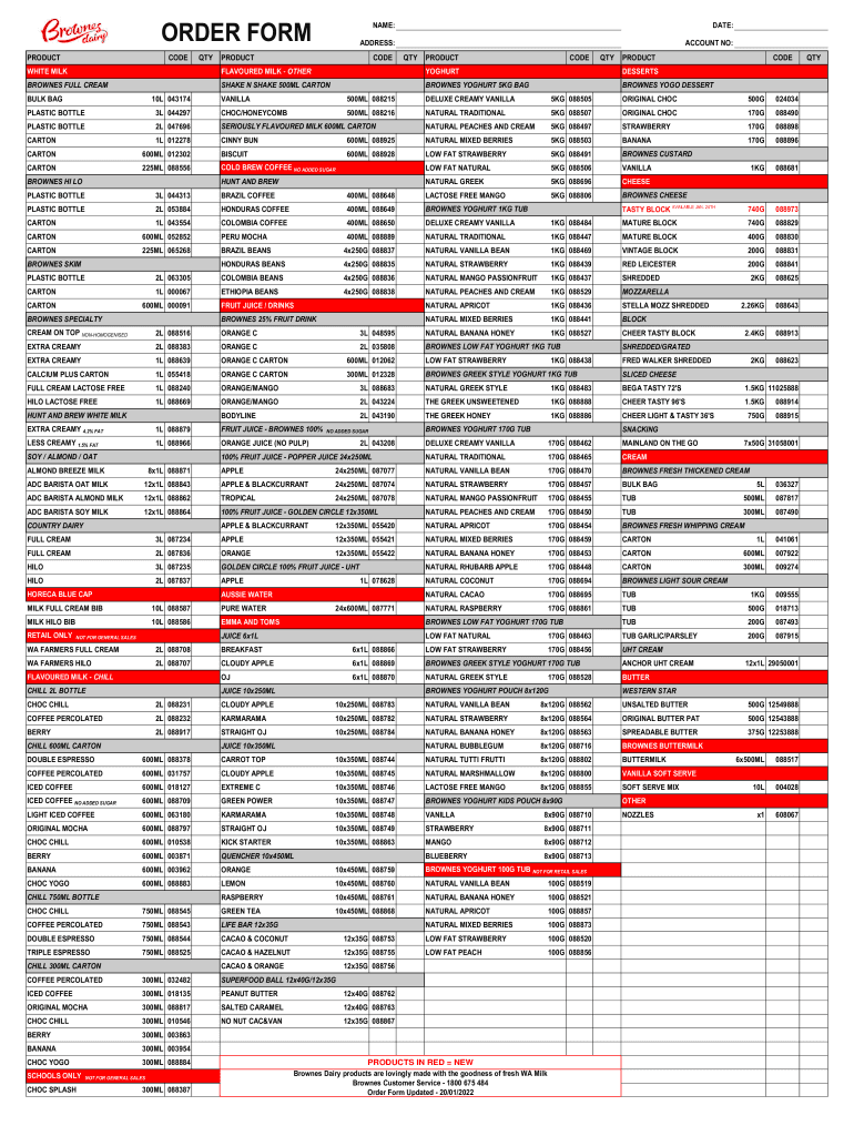 Brownesdairy Caffeinatestaging Com Auwp ContentORDER FORM NAME DATE ADDRESS ACCOUNT NO PRODUCT CODE QTY