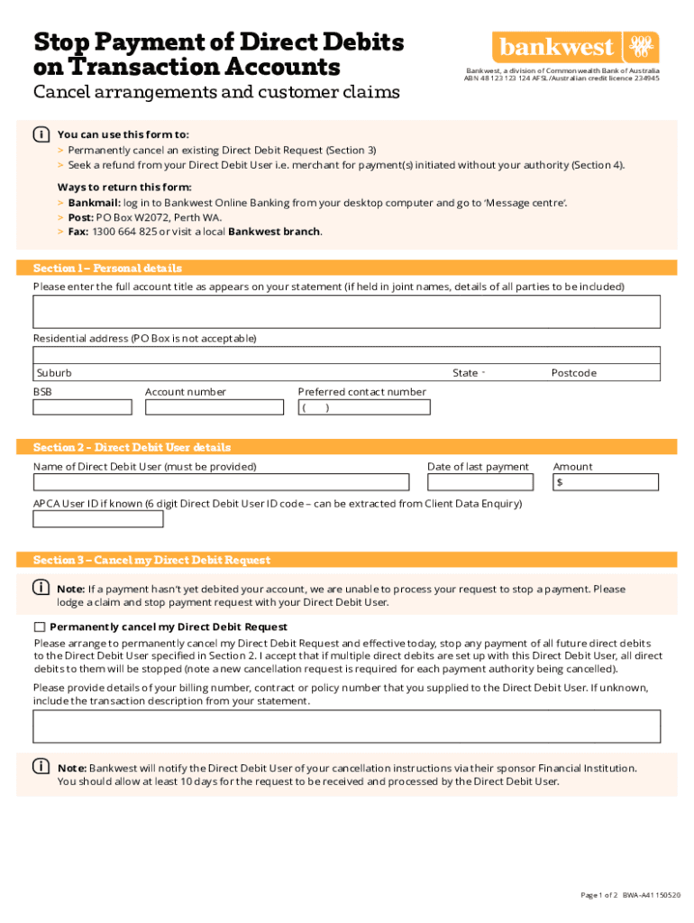 Www Bankwest Com AucontentdamStop Payments of Direct Debits on Transaction Accounts Bankwest  Form