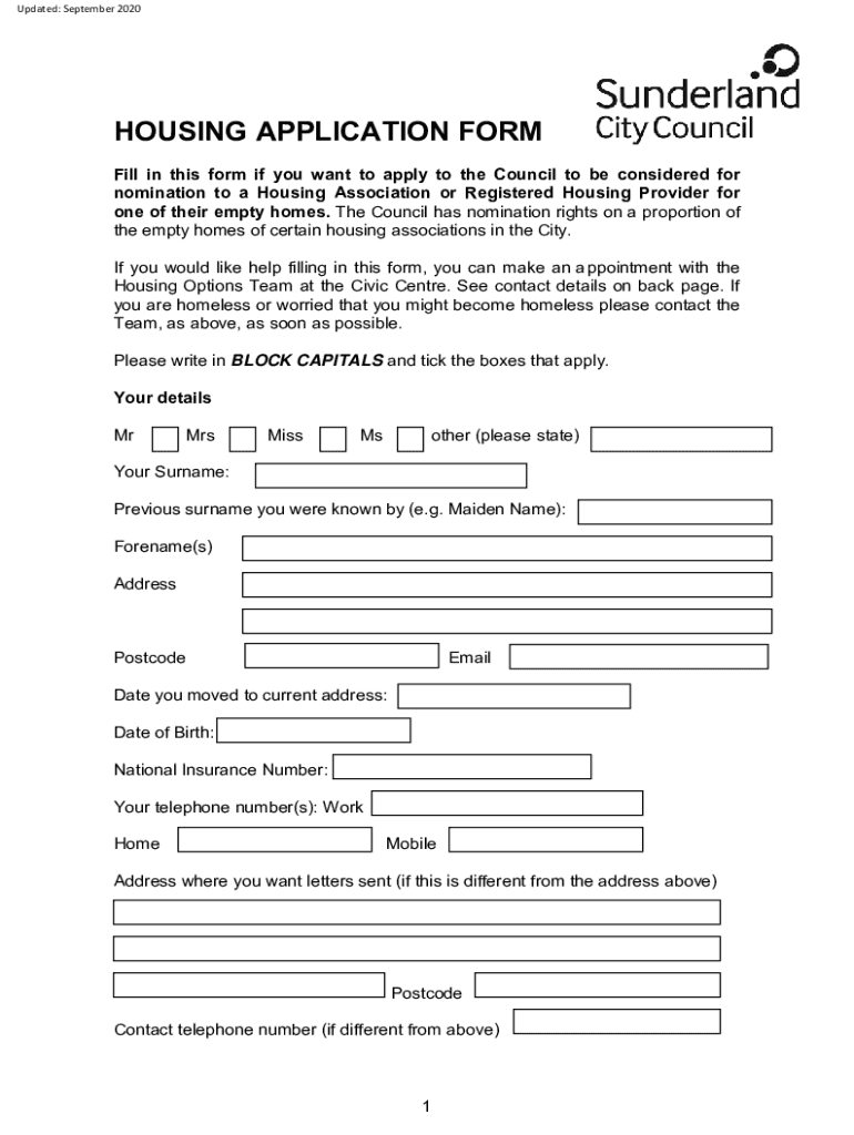  Www Sunderland Gov Ukmedia20619HOUSING APPLICATION FORM Sunderland City Council 2020-2024