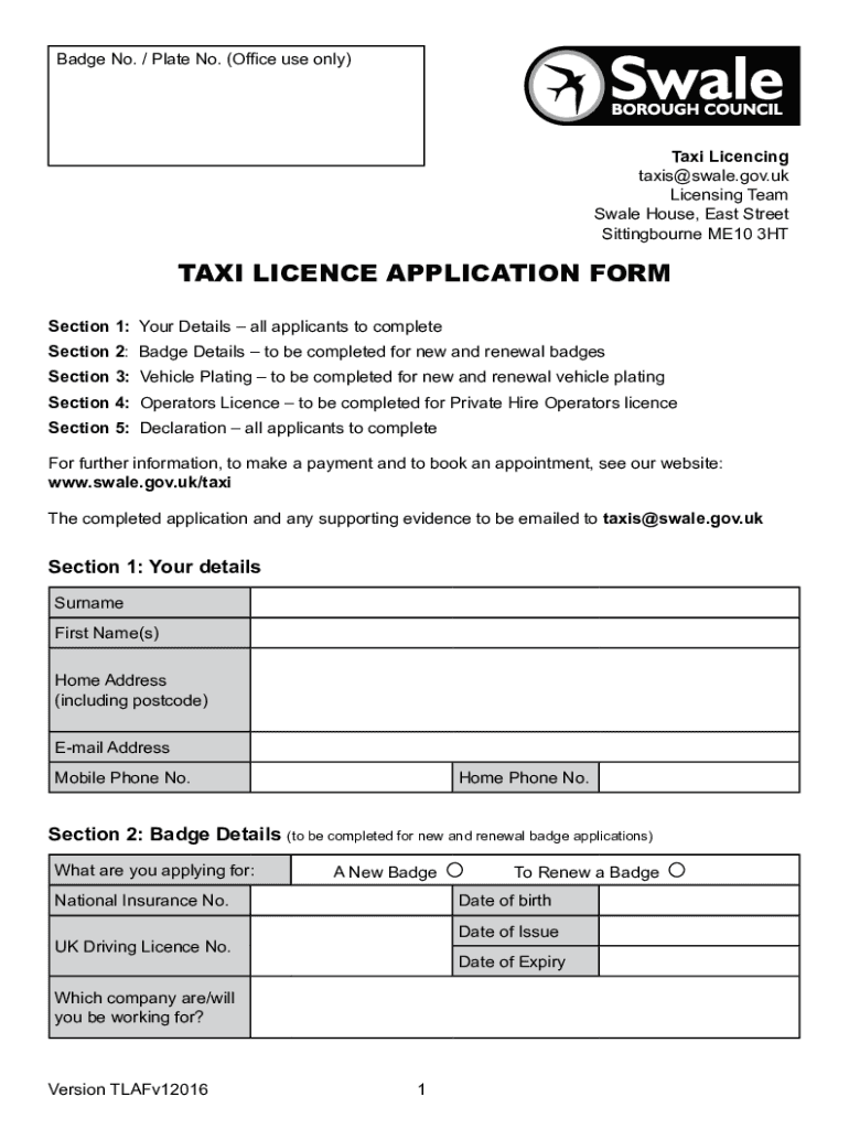  Borough Council Taxi Application 2016-2024
