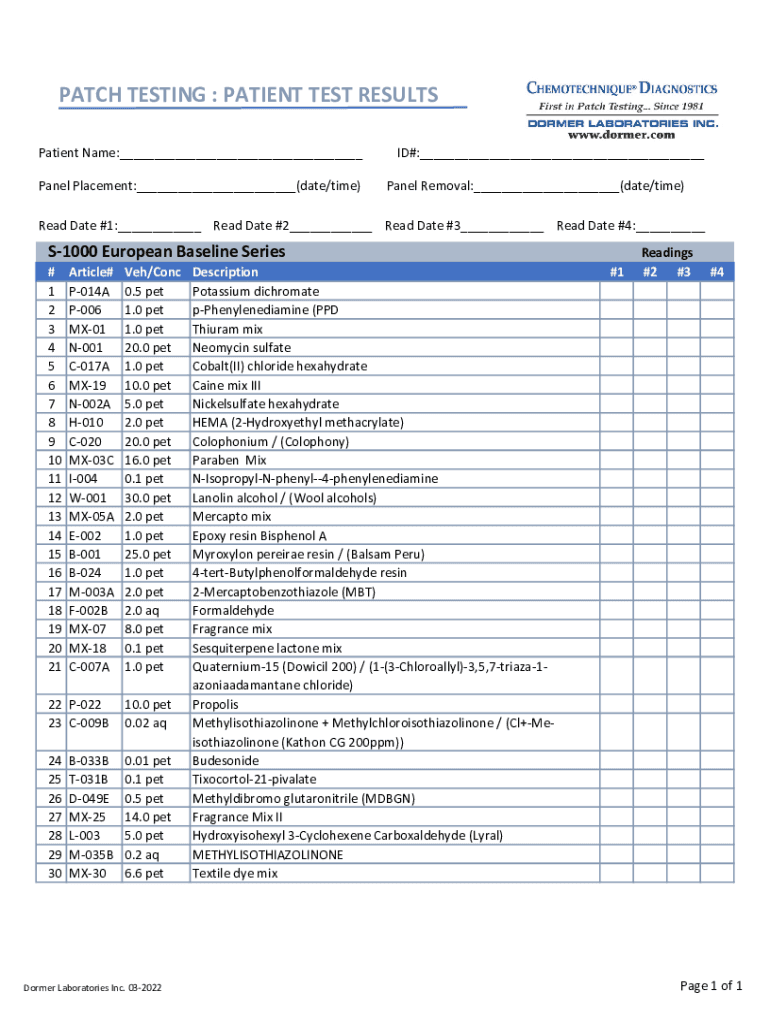 PATCH TESTING PATIENT DATA FORM SmartPractice Canada