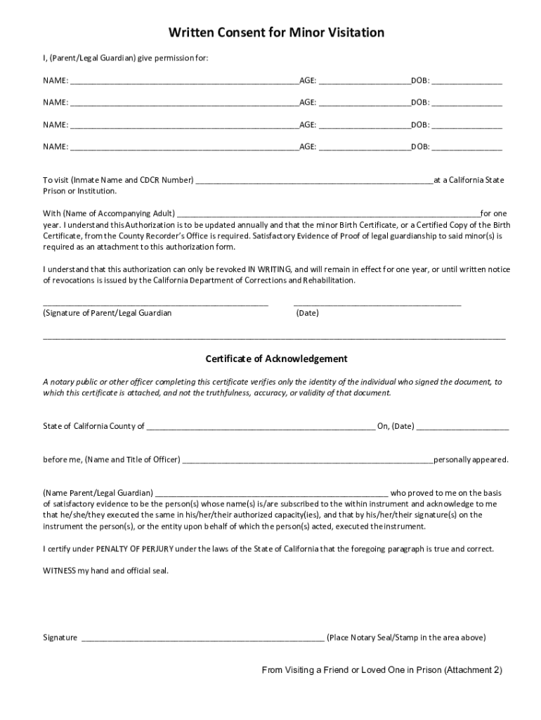  Written Consent for Minor Visitation CDCR 2022-2024