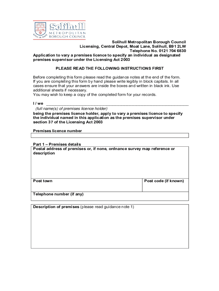 SOLIHULL METROPOLITAN BOROUGH COUNCIL Licensing Department, Central  Form