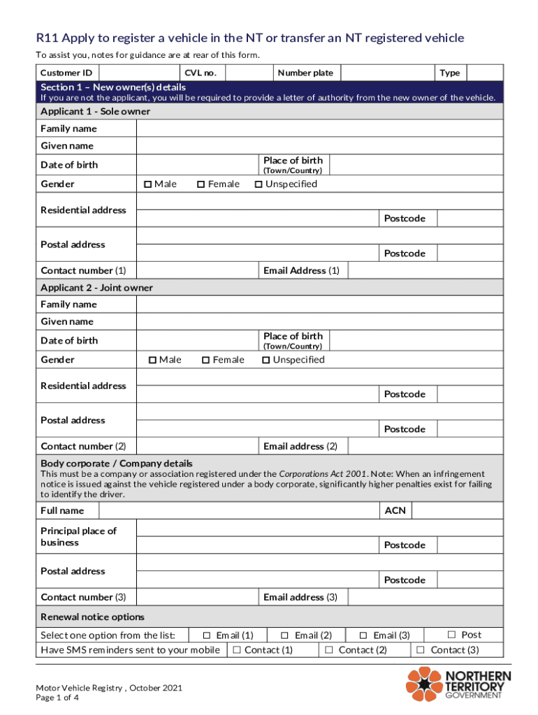 R11 Apply to Register a Vehicle in the NT or Transfer an NT Registered Vehicle  Form