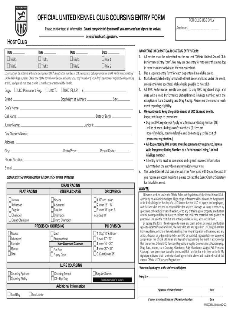 Www Uniteddogsportsnne Orgcoursing Entry FormOFFICIAL UNITED KENNEL CLUB COURSING ENTRY FORM