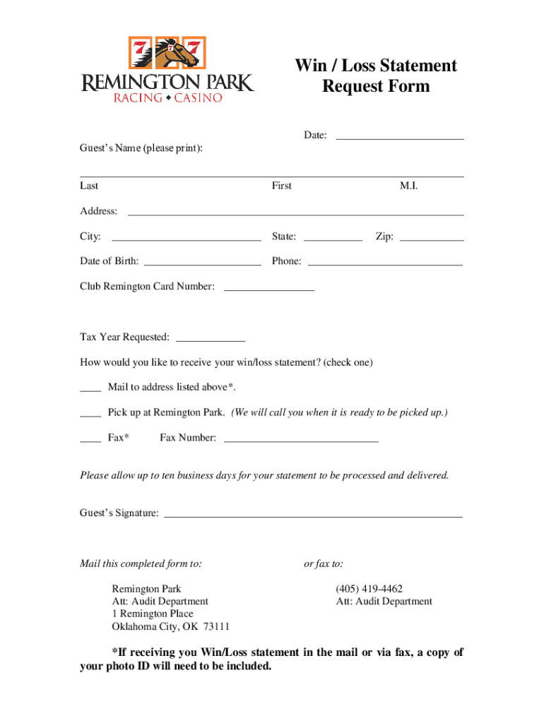 WinLoss Statement Remington Park US Legal Forms