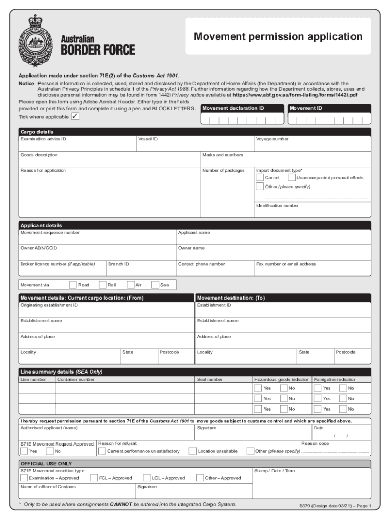 B370 Movement Permission Application B370 Movement Permission Application  Form