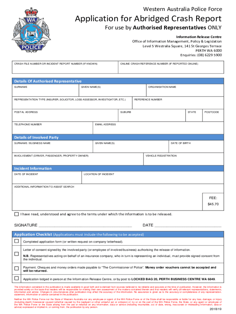 Fillable Online Abridged Crash Report Application Form Authorised