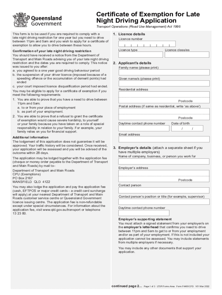 Certificate of Exemption for Late Night Driving Application  Form