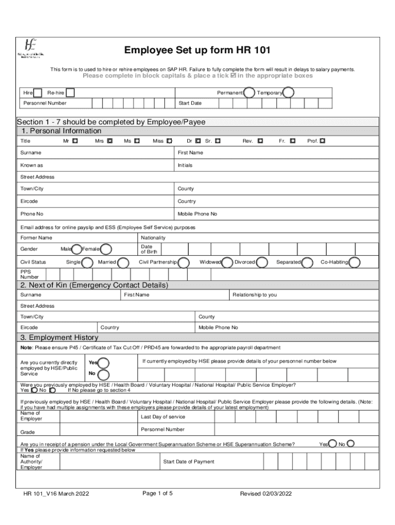  Employee Set Up Form HR 101 Health Service ExecutiveHR 101 C 19 Health Service Executive1600 Human Resources HR Form TemplatesJo 2022-2024