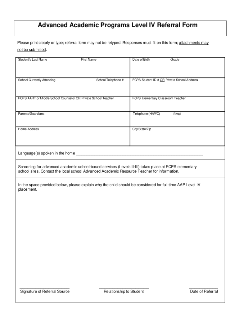 Advanced Academic Programs Level IV Referral Form Referral Form