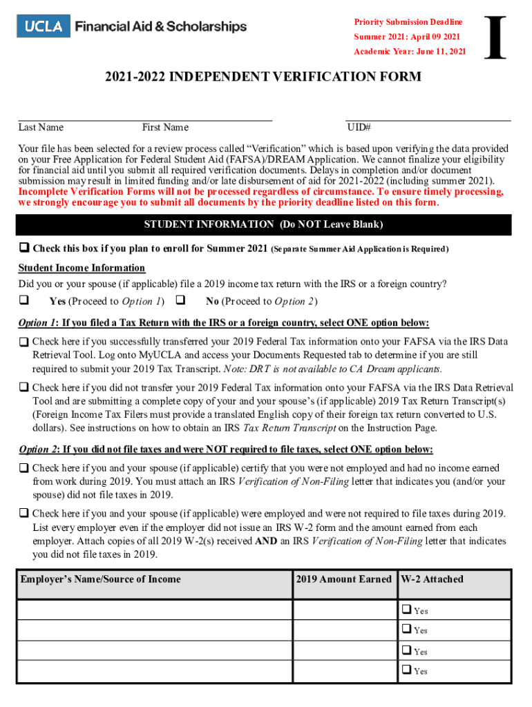 Verification Form Dependent Student PDF Priority Submission Deadline