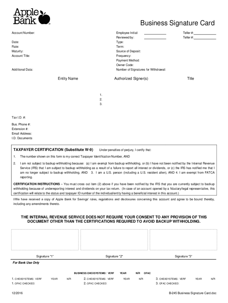 B 245 Business Signature Card B 245 Business Signature Card  Form