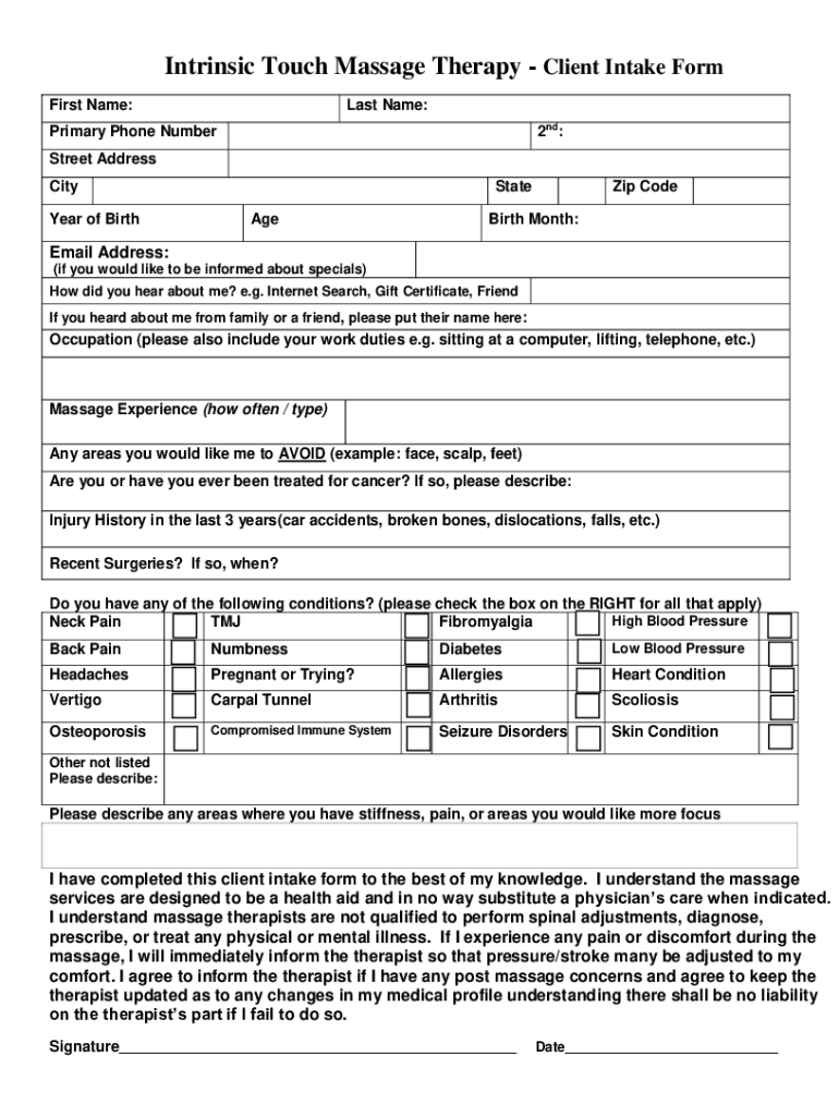  Formspal Compdf FormsotherIntrinsic Touch Massage Therapy Client Intake Form 2022-2024