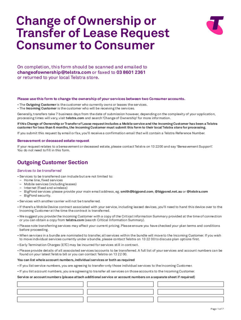 Www Telstra Com AucontentdamChange of Ownership or Transfer of Lease Request Telstra  Form