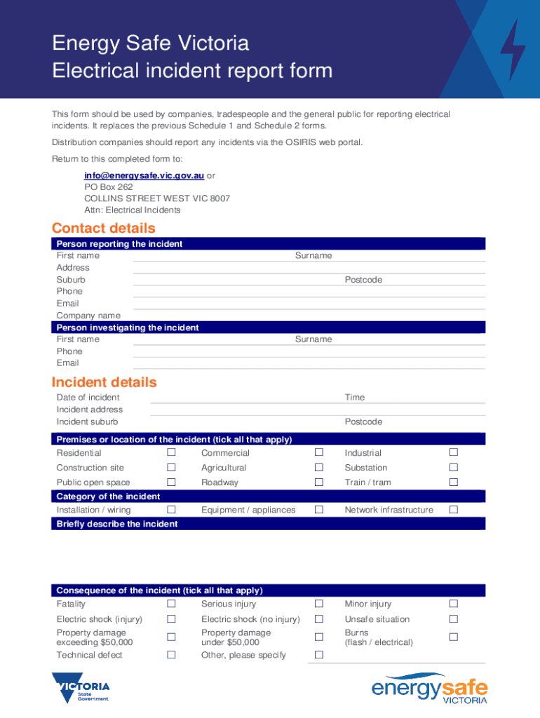  Esv Vic Gov Aupdfselectrical Incident FormElectrical Incident Report FormEnergy Safe Victoria 2018-2024