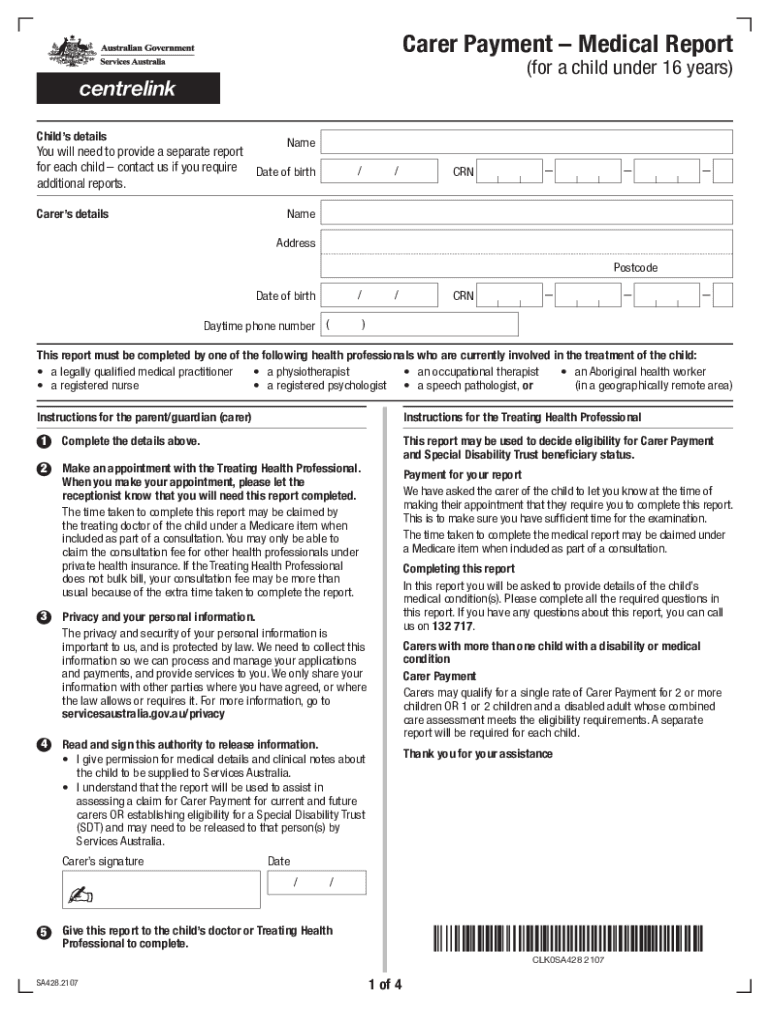 Carer Payment Medical Report for a Child under 16 Years  Form