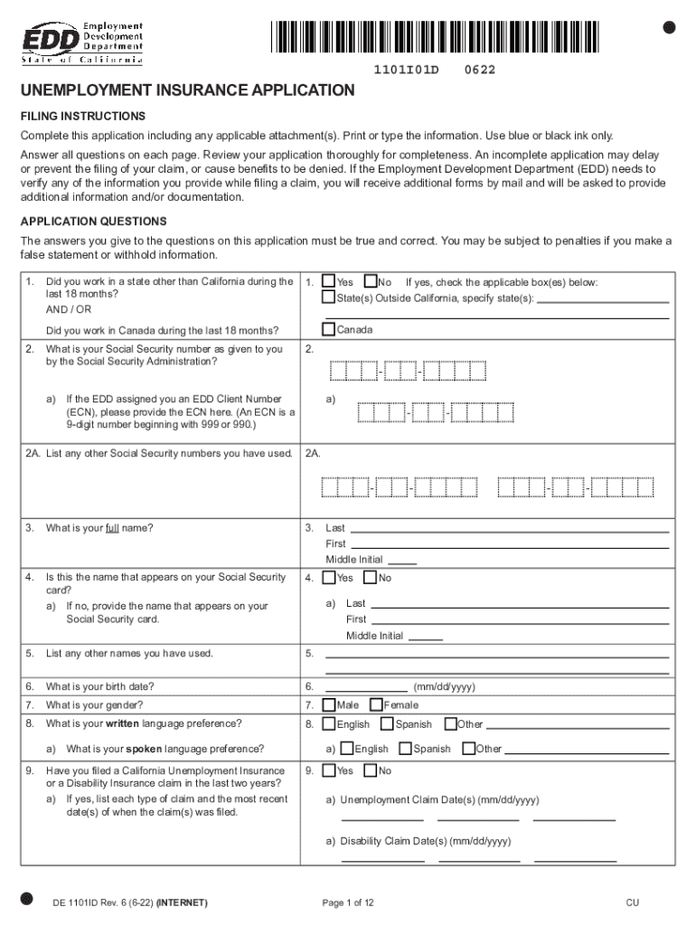  Unemployment Insurance Application DE 1101ID Rev 13 6 22 2022-2024