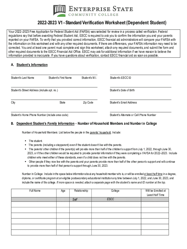  20222023 Standard Verification Worksheet V1 Dependent Student 2022-2024