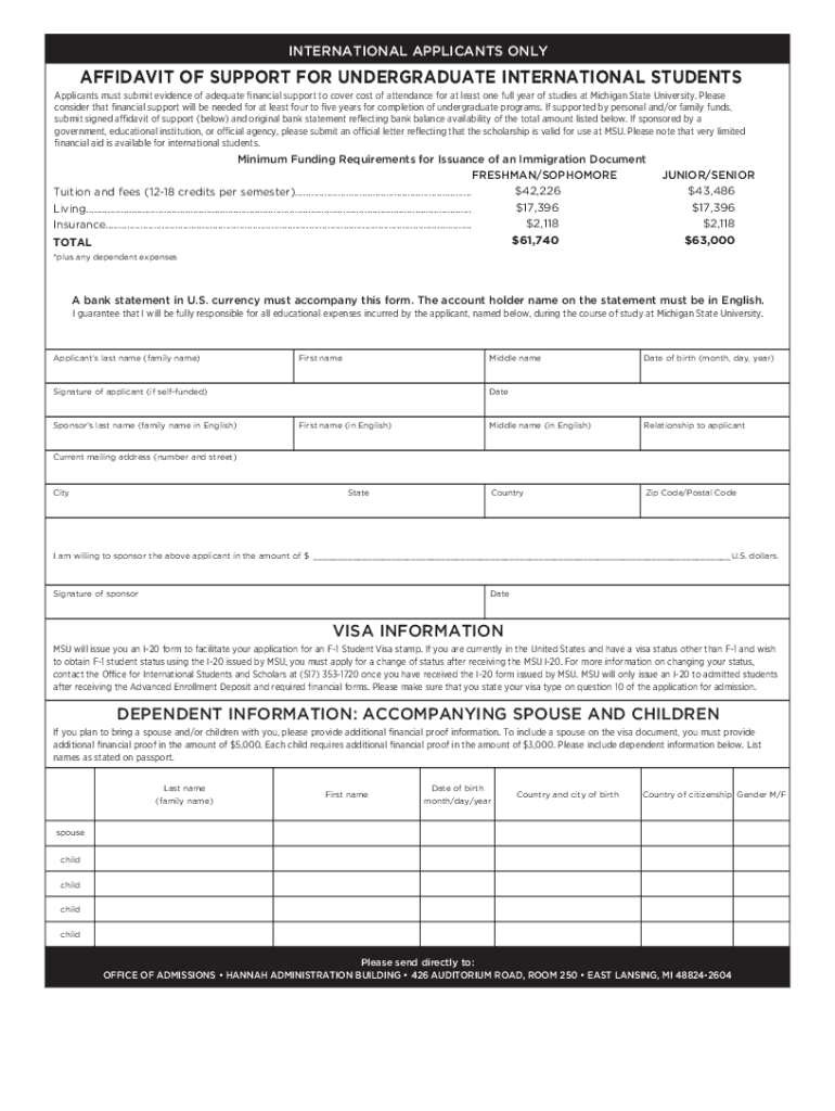 Admissions Msu EdudocsAffidavitofsupportINTERNATIONAL APPLICANTS ONLY AFFIDAVIT of SUPPORT for  Form